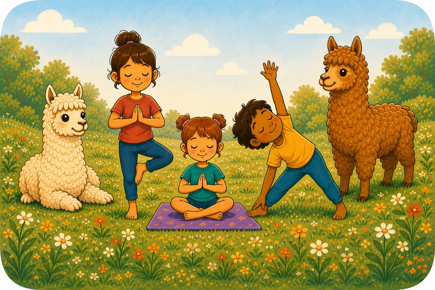 Kinder machen gemeinsam mit Alpakas Yoga auf einer Blumenwiese